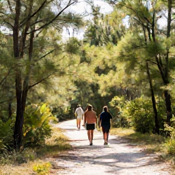 Caribbean Holidays, Bahamas Walking Holidays, Walkers following a sandy path through pine woodland with sunlight filtering through the trees on Grand Bahama