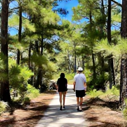 Caribbean Holidays, Bahamas Walking Holidays, Walkers following a shaded nature trail through pine woodland on Grand Bahama, with sunlight filtering through the trees