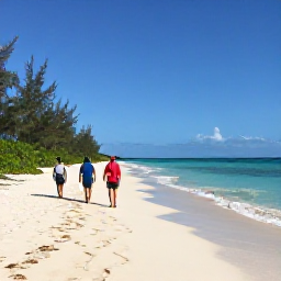 Caribbean Holidays, Bahamas Walking Holidays, Walkers following a sunny coastal path beside turquoise sea and white sand in the Bahamas during April