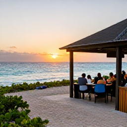 Caribbean Holidays, Bahamas Walking Holidays, Walkers relaxing at an outdoor seaside caf&eacute; after a coastal hike in The Bahamas, with sunset over turquoise water