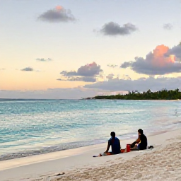 Caribbean Holidays, Bahamas Walking Holidays, Walkers resting beside a quiet Bahamian beach at sunset in June, with calm turquoise water and a relaxed island atmosphere