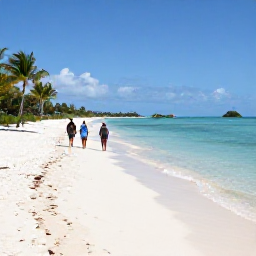 Caribbean Holidays, Bahamas Walking Holidays, Walkers strolling along a white sand beach near Nassau, with clear shallow water, palm trees and small islands in the distance