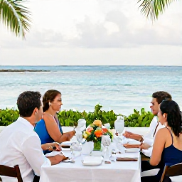 Caribbean Holidays, Bahamas Weddings, A couple and their wedding guests enjoying a relaxed outdoor reception beside the sea in The Bahamas, with tropical table decorations