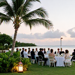Caribbean Holidays, Bahamas Weddings, A happy wedding party enjoying a relaxed outdoor reception beside the sea in The Bahamas, with tropical greenery, lanterns and a sunset sky