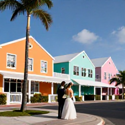 Caribbean Holidays, Bahamas Weddings, A newly married couple exploring Nassau, The Bahamas, past colourful buildings and palm trees on a sunny January day
