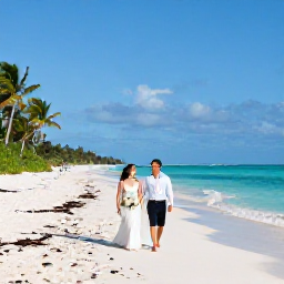 Caribbean Holidays, Bahamas Weddings, A newlywed couple walking along a white sand beach in The Bahamas in warm May sunshine, turquoise sea and palm trees