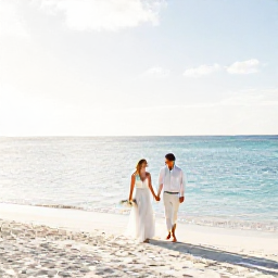 Caribbean Holidays, Bahamas Weddings, A newlywed couple walking hand in hand along a bright white sandy beach in Nassau, The Bahamas, with calm turquoise water and soft January sunshine