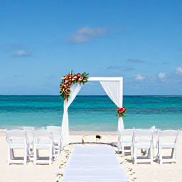 Caribbean Holidays, Bahamas Weddings, An elegant beach wedding ceremony in The Bahamas with white chairs, simple tropical flowers, turquoise sea and a clear blue sky