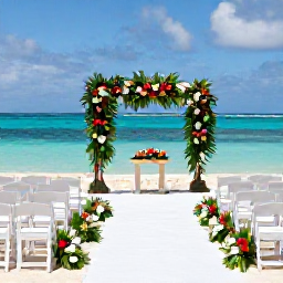 Caribbean Holidays, Bahamas Weddings, An elegant seaside wedding ceremony in The Bahamas with white chairs, tropical flowers and clear blue water
