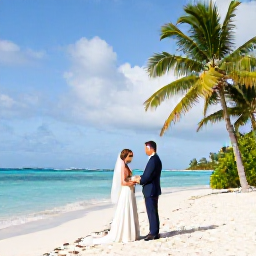 Caribbean Holidays, Bahamas Weddings, Bride and groom exchanging vows on a quiet white-sand beach in The Bahamas, turquoise sea and palm trees behind them