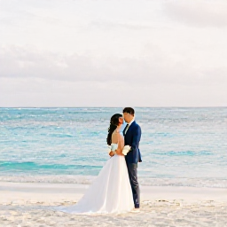 Caribbean Holidays, Bahamas Weddings, Bride and groom standing on a quiet white-sand beach in The Bahamas with turquoise sea and soft afternoon light