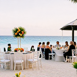 Caribbean Holidays, Bahamas Weddings, Elegant Bahamas wedding reception on a beachfront terrace, decorated tables, tropical flowers and guests enjoying an ocean view