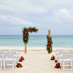 Caribbean Holidays, Bahamas Weddings, Elegant beach wedding ceremony in The Bahamas with simple white chairs, tropical flowers and a calm blue ocean
