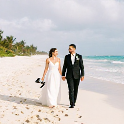 Caribbean Holidays, Bahamas Weddings, Happy newlyweds walking along a deserted Bahamian beach after their ceremony, carrying shoes and leaving footprints in the sand