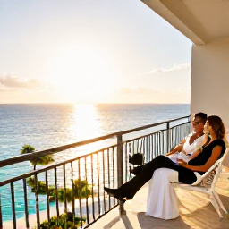 Caribbean Holidays, Bahamas Weddings, Newly married couple relaxing in a luxury Bahamas resort with an ocean-facing balcony, tropical water and sunset light