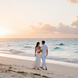 Caribbean Holidays, Bahamas Weddings, Newly married couple walking along a secluded Bahamas beach at sunset with gentle waves and warm golden light