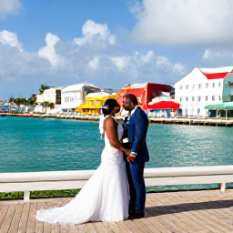 Caribbean Holidays, Bahamas Weddings, Newlyweds exploring Nassau waterfront and colourful Bahamian streets after their wedding, sunny Caribbean setting