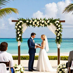 Caribbean Holidays, Bahamas Weddings, Wedding planner helping a couple review ceremony details at a tropical Bahamas resort overlooking the sea