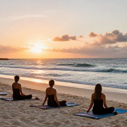 Caribbean Holidays, Bahamas Wellness, A calm morning yoga session on a sandy beach in The Bahamas, with mats facing the sunrise and gentle waves in the background