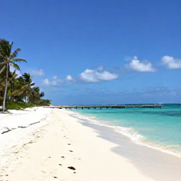 Caribbean Holidays, Bahamas Wellness, A calm turquoise beach in The Bahamas in May, with white sand, palm trees and a quiet wooden jetty