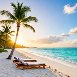 Caribbean Holidays, Bahamas Wellness, A calm white-sand beach in the Bahamas at sunrise, turquoise water, palm trees and a quiet wellness atmosphere