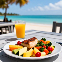 Caribbean Holidays, Bahamas Wellness, A colourful healthy lunch with fresh tropical fruit, grilled fish and vegetables served at an open-air restaurant beside the sea in the Bahamas
