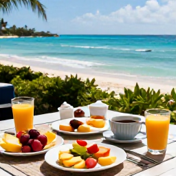 Caribbean Holidays, Bahamas Wellness, A healthy Bahamian breakfast with tropical fruit, fresh juice and local ingredients on a shaded terrace overlooking the sea