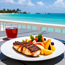 Caribbean Holidays, Bahamas Wellness, A healthy Bahamian lunch with fresh grilled fish, tropical fruit and salad served on a shaded terrace overlooking the water