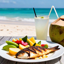 Caribbean Holidays, Bahamas Wellness, A healthy Bahamian meal with fresh tropical fruit, grilled fish, colourful salad and coconut water served beside the sea