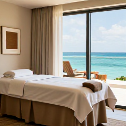 Caribbean Holidays, Bahamas Wellness, A luxurious Bahamian spa overlooking the sea, with a massage treatment room, natural textures and soft daylight