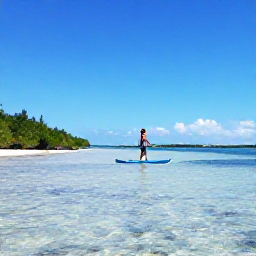 Caribbean Holidays, Bahamas Wellness, A peaceful paddleboarder gliding across clear shallow water near a Bahamian island, with mangroves and bright blue sky