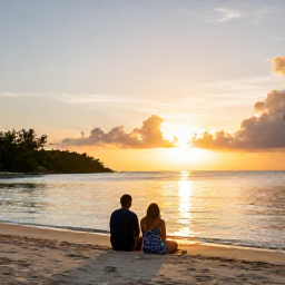 Caribbean Holidays, Bahamas Wellness, A peaceful sunset over a Bahamian island, with a couple sitting quietly near the water and warm golden light