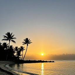 Caribbean Holidays, Bahamas Wellness, A peaceful sunset over a Bahamian island, with calm sea, golden sky, palm silhouettes and a quiet shoreline