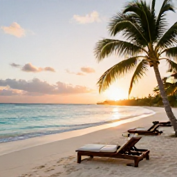 Caribbean Holidays, Bahamas Wellness, A peaceful white-sand beach in the Bahamas at sunrise, calm turquoise water, palm trees and a quiet wellness holiday atmosphere