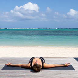 Caribbean Holidays, Bahamas Wellness, A person enjoying a gentle yoga session on a wooden deck overlooking a Bahamian beach and calm turquoise sea