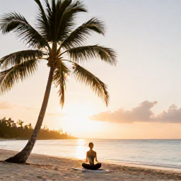 Caribbean Holidays, Bahamas Wellness, A person practising yoga on a quiet Bahamian beach at sunrise, palm trees, soft golden light and calm ocean