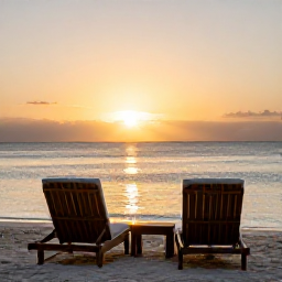 Caribbean Holidays, Bahamas Wellness, A quiet Bahamian beach at sunset with two comfortable loungers, calm water and a relaxed island atmosphere