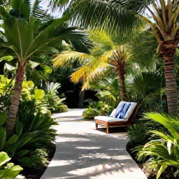 Caribbean Holidays, Bahamas Wellness, A quiet tropical garden in The Bahamas with a shaded path, palm trees, lush greenery and a comfortable place to sit