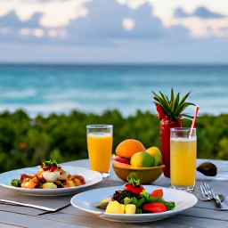 Caribbean Holidays, Bahamas Wellness, A relaxed outdoor table overlooking the sea in The Bahamas, fresh tropical fruit, healthy food and soft evening light