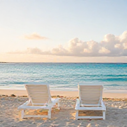 Caribbean Holidays, Bahamas Wellness, A serene Bahamian beach at golden hour with two loungers, soft evening light and calm turquoise water