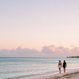 Caribbean Holidays, Bahamas Wellness, A tranquil Bahamian beach at dusk with calm water, soft pastel sky and a couple walking quietly along the shoreline