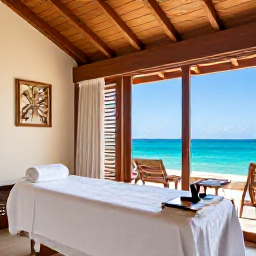 Caribbean Holidays, Bahamas Wellness, A tranquil spa treatment room at a Bahamian resort, decorated with natural wood, soft towels and views of the sea