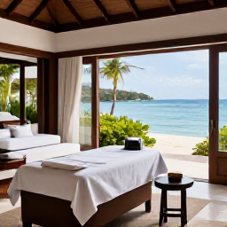 Caribbean Holidays, Bahamas Wellness, An elegant beachfront spa in The Bahamas with open-air treatment rooms, tropical greenery and views across calm blue water