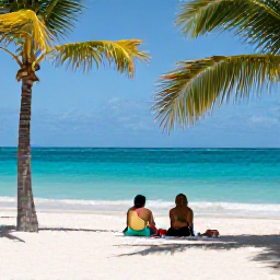 Caribbean Holidays, Bahamas Wellness Break, A calm tropical beach in The Bahamas in April, with turquoise water, soft white sand, palm trees and a quiet couple relaxing near the shoreline