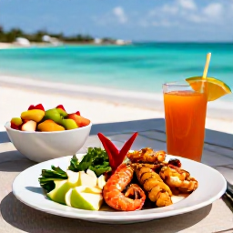 Caribbean Holidays, Bahamas Wellness Break, A colourful healthy Bahamian meal served on a relaxed waterfront terrace, featuring fresh seafood, tropical fruit, salad and natural juices