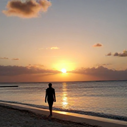 Caribbean Holidays, Bahamas Wellness Break, A peaceful sunset over the Bahamian sea, with a person walking along a quiet beach and warm golden light across the water