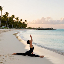 Caribbean Holidays, Bahamas Wellness Break, A person practising gentle yoga on a quiet Bahamian beach at sunrise, with calm turquoise water, pale sand and palm trees in the background