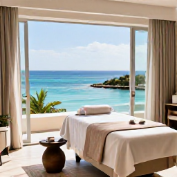 Caribbean Holidays, Bahamas Wellness Break, An elegant Bahamian spa overlooking the sea, with a treatment room, natural materials, soft towels and sunlight coming through open windows