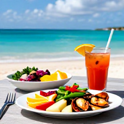 Caribbean Holidays, Bahamas Wellness Break, Healthy colourful Bahamian lunch with fresh fruit, grilled seafood and tropical drink at a waterfront table