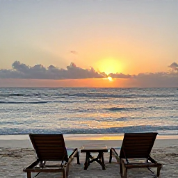 Caribbean Holidays, Bahamas Wellness Break, Peaceful Bahamian beach at sunset with two loungers, gentle waves and warm evening sky